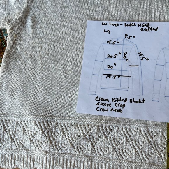 Hand Crafted Pointelle Knit Short Sleeve Sweater Cream Crew Neck - Picture 2 of 3